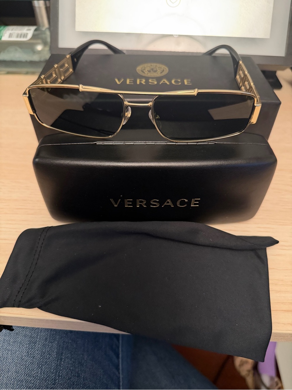 Versace Gold and Black Rectangular Sunglasses